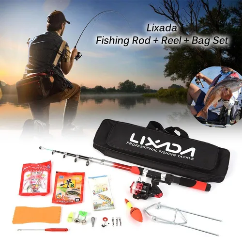 Miniatura 3 de Kit completo de carrete de caña de pescar con 2 cañas de pescar telescópicas de 6.9 ft, 2 carretes de señuelos de pesca ganchos accesorios bolsa