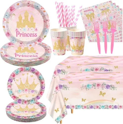 Decoraciones de fiesta de cumpleaños de princesa para 20 invitados, incluyendo platos llanos, platos de postre, vasos, servilletas, tenedores,