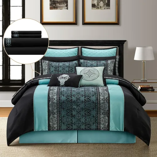 Miniatura 9 de Grand Avenue - Juego de edredón de damasco de patchwork plateado/marfil, 8 piezas, funda de almohada de jacquard, falda de cama, almohada