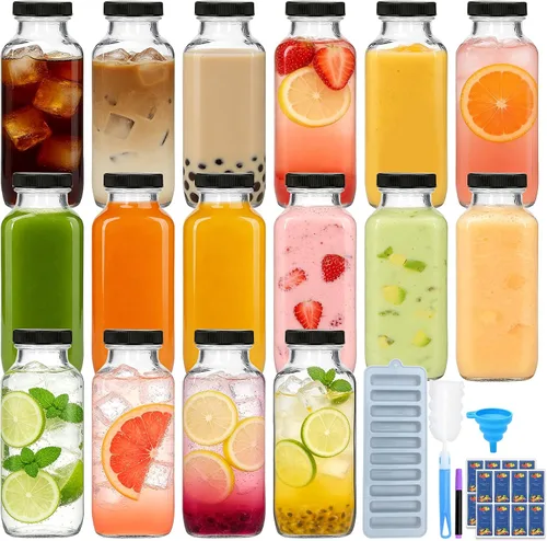 Miniatura 9 de Botellas de vidrio de 8 onzas con tapas, paquete de 16 recipientes reutilizables para jugo con cepillo de limpieza, botellas de agua de vidrio