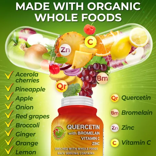 Miniatura 2 de Quercetina con bromelina, vitamina C y zinc enriquecida con alimentos integrales orgánicos - 1215 mg por porción - Cápsulas de quercetina fitosoma