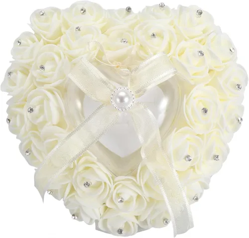 Miniatura 3 de GOTOTOP Almohada de boda, romántica de encaje de cristal rosa de boda en forma de corazón, cojín con cinta perla ceremonia de boda (blanco lechoso)