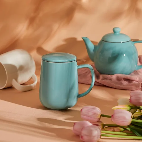 Miniatura 4 de Sweese Taza de té de porcelana de 20 onzas con infusor y tapa, taza de té de hojas sueltas, regalos para los amantes del té, turquesa azul mar