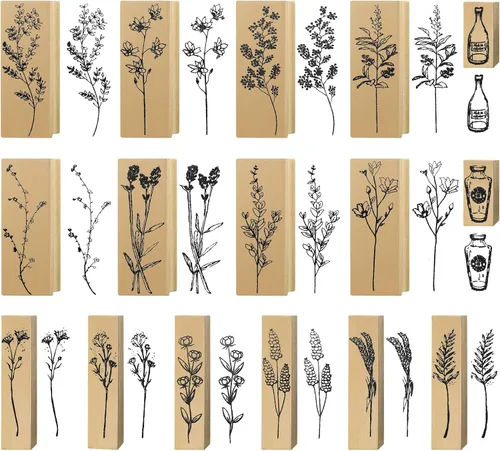 Juego de 16 sellos de goma de madera para manualidades, diseño de flores vintage, juego de sellos decorativos de goma montados en madera para