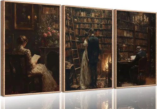 3 piezas de lienzo oscuro Academia Arte de pared Vintage Pareja victoriana leído decoración de pared imágenes Moody's Dark Library Carteles