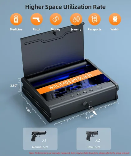Miniatura 8 de PINEWORLD Caja fuerte para armas, caja de seguridad biométrica para pistola, caja fuerte para pistola con teclado retroiluminado de huellas