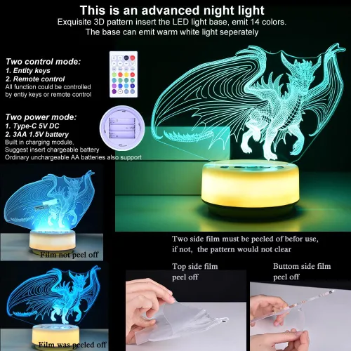 Miniatura 7 de Luz nocturna de dragón para niños, regalo de dragón para niños y adultos, lámpara de noche decorativa para dormitorio/oficina, 5 botones y control