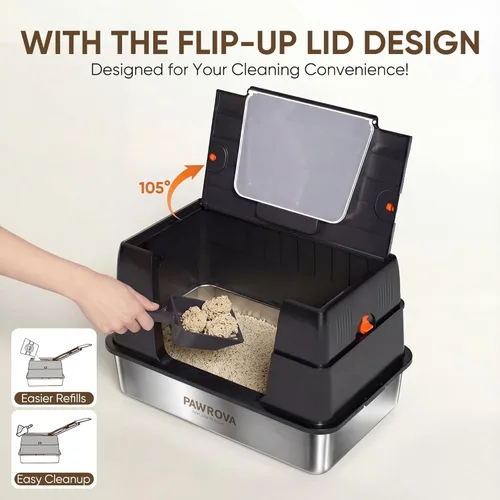 Miniatura 3 de Caja de arena de acero inoxidable 304 con tapa abatible, fácil de limpiar, caja de arena cerrada para gatos grandes, lados altos para pulverización