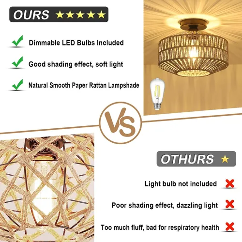 Miniatura 6 de Lámpara bohemia para techo, lámpara de techo de ratán con bombilla LED regulable, mini lámpara de araña tejida a mano para pasillo, dormitorio, Gris