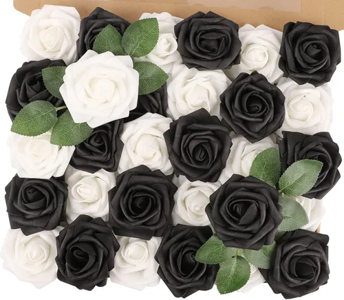 Miniatura 10 de MACTING 30 Rosas Artificiales Blancas Flores Falsas con Tallo Rosas de Espuma de Tacto Real para DIY Arreglos de Ramo de Boda Centros de Mesa White-1