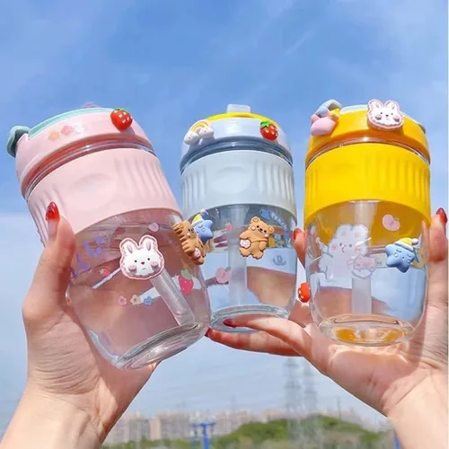 Miniatura 5 de Taza de viaje Kawaii con calcomanías 3D, doble modo de beber con pajilla, taza de viaje portátil a prueba de derrames con asa para café, té, leche