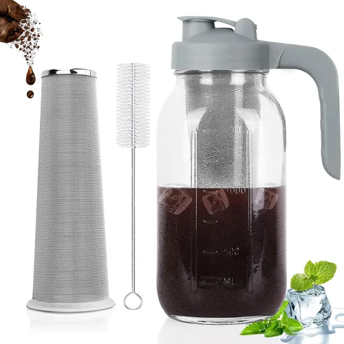 Miniatura 12 de Jarra de café frío de 64 onzas, jarra de vidrio resistente con tapa de mango de boquilla en forma de V, filtro de acero inoxidable para café helado