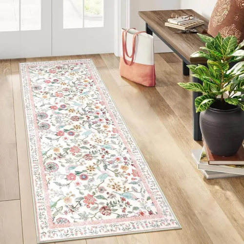 Miniatura 10 de Rugalia Alfombra de pasillo floral azul, alfombra lavable de 2 x 6 pies para pasillos, antideslizante, suave, de pelo bajo, con flores, pájaros, Rosa