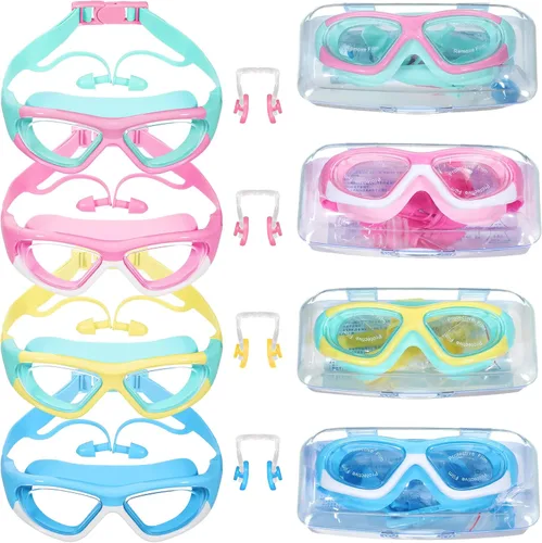 Yexiya Paquete de 4 gafas de natación para niños, antiniebla, sin fugas, gafas de visión amplia con cubierta para la nariz, tapones para los oídos