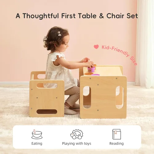 Miniatura 2 de OOOK Juego de Mesa y Silla de Destete Montessori, Juego de Mesa y Silla de Actividades para Niños con Valla para Leer, Jugar, Hora de Merienda