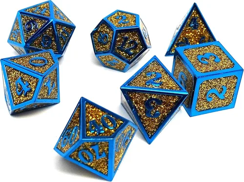 Miniatura 4 de Heroic Dice of Metallic Luster - Colección de 7 piezas de dados poliédricos de metal (dorado con fuente azul)
