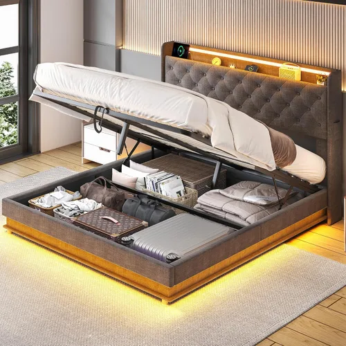 Miniatura 11 de Ailisite Cama de almacenamiento elevable de tamaño matrimonial, cama de plataforma tapizada con cabecera de almacenamiento con botones capitoné