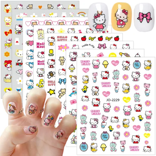 Miniatura 8 de Calcomanías de uñas bonitas, 8 hojas de calcomanías de uñas de dibujos animados kawaii 3D, autoadhesivas, diseño de gato, dijes de uñas acrílicas