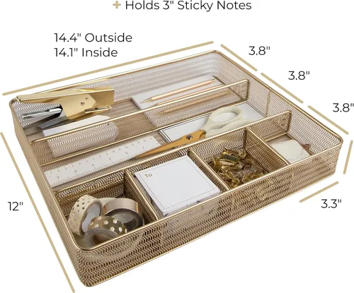 Miniatura 6 de BLU MONACO Bandeja organizadora de cajones de escritorio dorada con 6 compartimentos Organizador de cajones de malla metálica para suministros