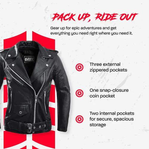 Miniatura 6 de HWK Brando - Chaqueta de cuero para motocicleta, para mujer, chaqueta de cuero genuino para montar en moto resistente al clima y al agua