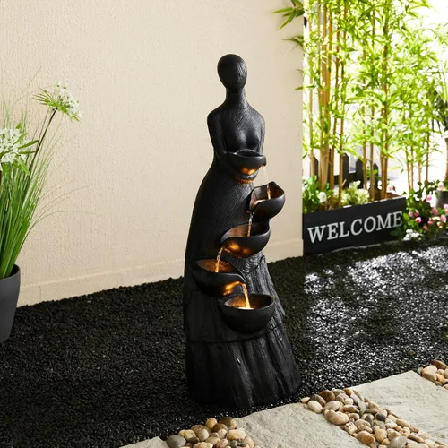 Miniatura 10 de Glitzhome Fuente de agua para exteriores con luz LED y bomba, moderna fuente de poliresina de 5 niveles y esfera para exteriores, fuente de cascada