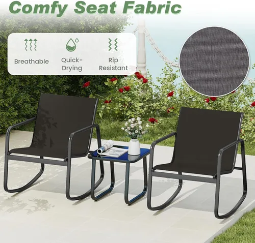 Miniatura 4 de HAPPYGRILL Juego de 3 piezas de bistró para patio con mesa superior de vidrio, sillas mecedoras de bistró, juego de muebles de patio pequeños, juego