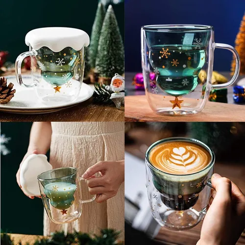 Miniatura 6 de MUCHENGGIFT Bonita taza de café con diseño de árbol de Navidad, taza de té y leche con aislamiento de doble pared, taza de espresso, el mejor regalo