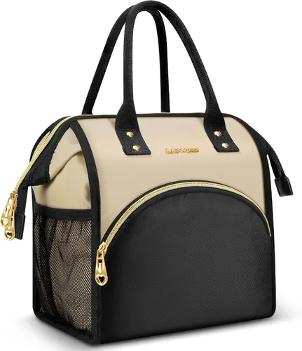 Miniatura 7 de Bolsa de almuerzo aislada para mujer, bolsa de almuerzo de apertura amplia, soporte grande para bebidas, organizador térmico de nailon duradero