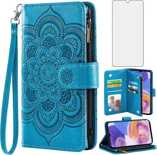 Asuwish Funda de teléfono para Samsung Galaxy A23 5G/4G Funda tipo cartera con protector de pantalla de vidrio templado y tarjetero de cuero con