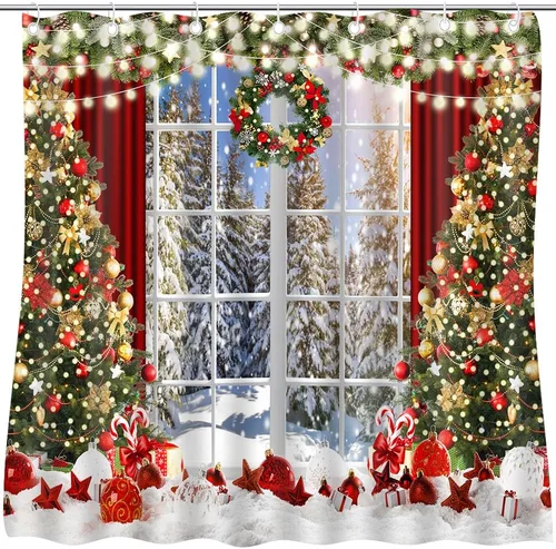 Cortina de ducha de Navidad con ventana, cortinas de escena para baño, decoración de invierno, árbol de Navidad brillante, bañeras de baño, cortinas