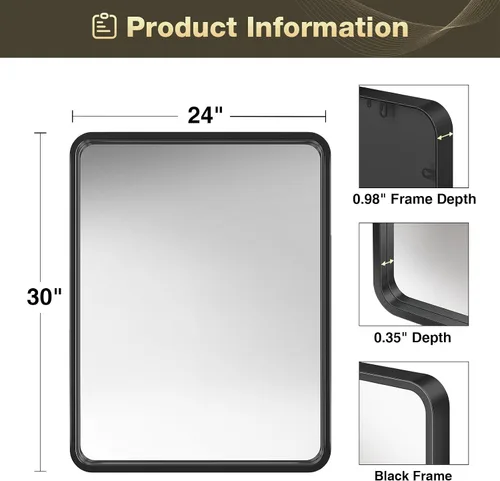 Miniatura 7 de Brightify - Espejo rectangular para pared de baño de 24x30 pulgadas con marco de metal negro, espejo moderno de tocador para baño, montaje vertical