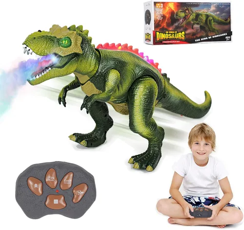 Juguetes de dinosaurio a control remoto para niños de 3 a 5 a 7 años, juguetes de dinosaurio T Rex mejorados con luz cambiante, spray de 7 colores y