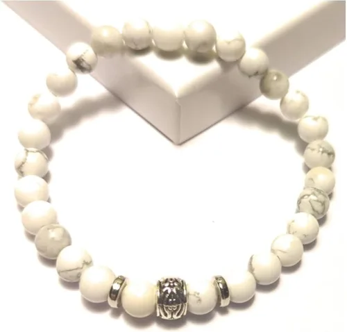 Miniatura 2 de White Howlite Stretch Bead Bracelet Serenity Charm Gemstone Jewelry Simple Minimalist Unisex One Size Gift