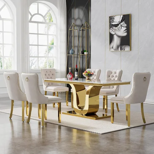 Miniatura 15 de SSLine Mesa de comedor moderna para mesa de cocina de mármol sintético de 6,70 pulgadas, mesa de comedor rectangular para muebles de cocina