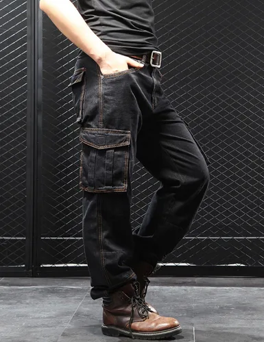 Miniatura 2 de Yeokou Men's Casual Loose Hip Hop Denim Work Pants Jeans with Cargo Pockets
