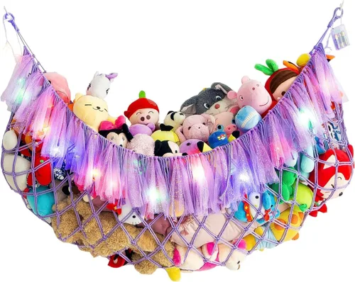 Miniatura 10 de Hamaca grande de animales de peluche con luz montada en la pared, hamaca Squishmallow de peluches, organizador de juguetes, hamaca de macramé