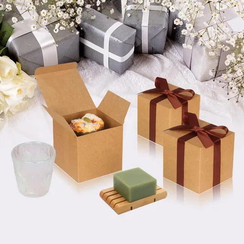 Miniatura 3 de Paquete de 100 Cajas de Regalo Pequeñas, Cajas de Favor de 4x4x4 Pulgadas, Cajas de Regalo de Papel Marrón con Tapas para Regalos, Manualidades