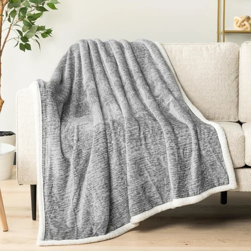 Miniatura 4 de Manta de sherpa melange premium para sofá y sillón de Pavilia Suave, esponjosa, mullida, cálida, acogedora Gris claro, ligera, de microfibra