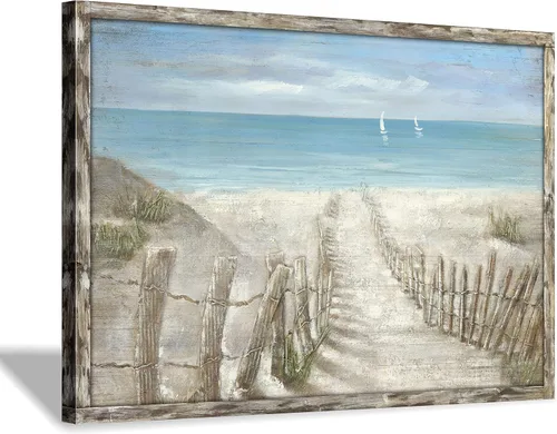 Miniatura 16 de Hardy Gallery Lienzo impreso con diseño de camino de playa: lienzo con imagen del océano costero, arte de pared tamaño pequeño para baño