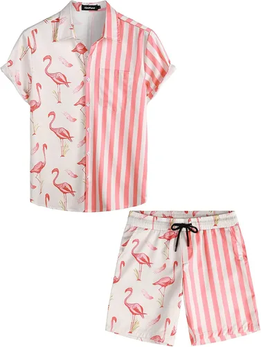 VATPAVE Conjuntos hawaianos de flamenco para hombre, camisas casuales de manga corta con botones, trajes de verano