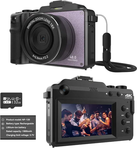 Cámara de 48MP para fotografía, cámara digital 4K para niños y adultos con cámaras duales delanteras y traseras, zoom digital de 18X, filtros de
