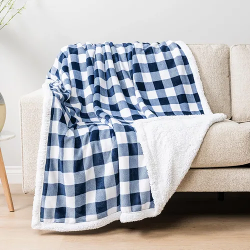 Miniatura 8 de PAVILIA Manta Sherpa de cuadros búfalo blancos y azul marino para sofá, tamaño individual, manta de franela suave y esponjosa para cama, manta
