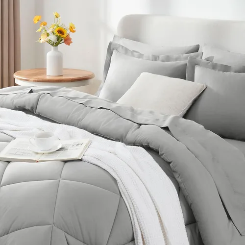 Miniatura 9 de CozyLux Juego de edredón de tamaño matrimonial, gris claro, toda la ropa de cama en una sola bolsa, 7 piezas: edredón, fundas de almohada