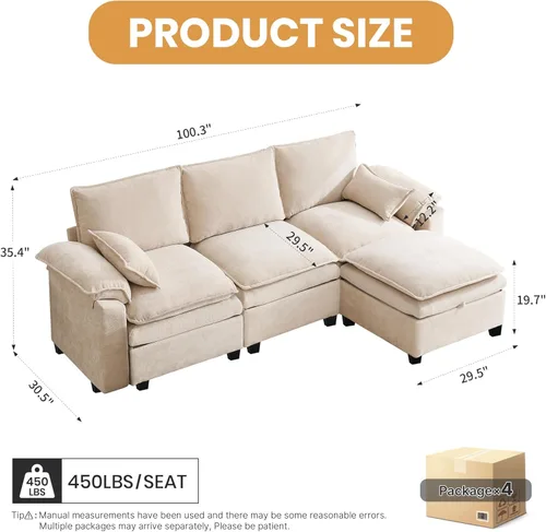 Miniatura 2 de Sofá Seccional Modular en Forma de L de 100", Sofá con Almacenamiento Otomano, Sofá Nube de Chenilla con Asientos Profundos y Mullidos para Sala