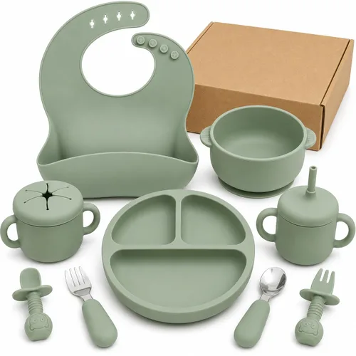Bufims Juego de alimentación de silicona para bebés, suministros de destete para bebés, utensilios esenciales para comer con placa de succión y