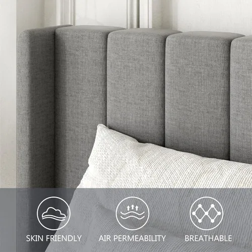 Miniatura 3 de Gruwans Estructuras de Cama Individual con Cabecera Wingback, Camas de Plataforma Tapizadas, No Necesita Somier, Soporte Resistente de Listones