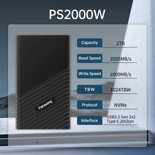 Miniatura 6 de fanxiang SSD externo de 2 TB portátil, hasta 2000 MB/s, unidad externa de estado sólido USB C, disco duro externo, USB 3.2 Gen2* 2 Type-C SSD