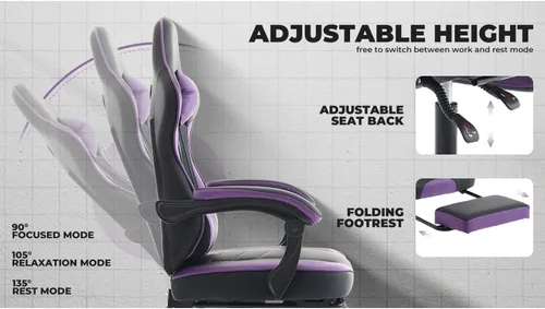 Miniatura 7 de Silla de escritorio para juegos para adultos, silla ergonómica para juegos con reposapiés, reposacabezas y soporte lumbar, material de cuero, altura