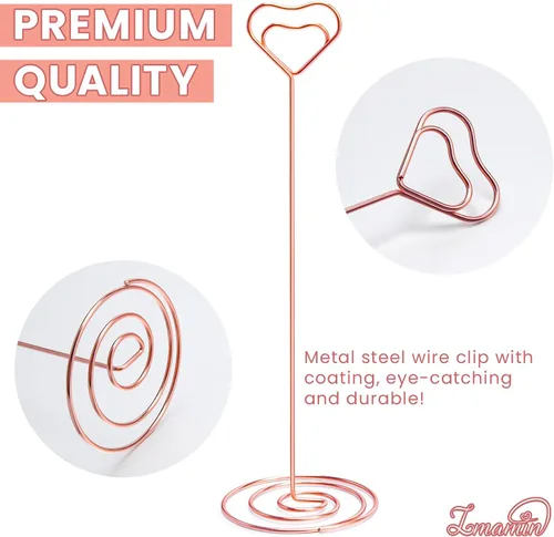 Miniatura 3 de 16 soportes para tarjetas de lugar, 8.75 pulgadas de alto, soporte para cuadros de oro rosa para mesas con clip en forma de corazón para bodas