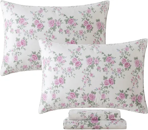 Miniatura 22 de FADFAY Juego de sábanas de cama tamaño King 100% algodón, color verde salvia, patrón floral de rosas rojas de campo francés, ropa de cama de lujo